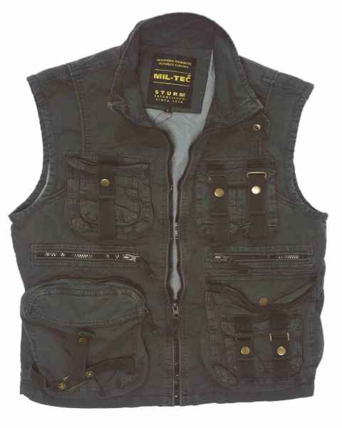 Mil-Tec VINTAGE SURVIVAL WESTE PREWASH SCHWARZ Weste